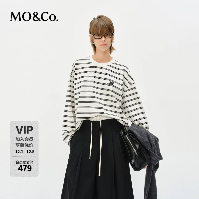 MOCO长袖T恤2025春新品条纹透气长绒棉精纺落肩袖短款MBE1TEET14
