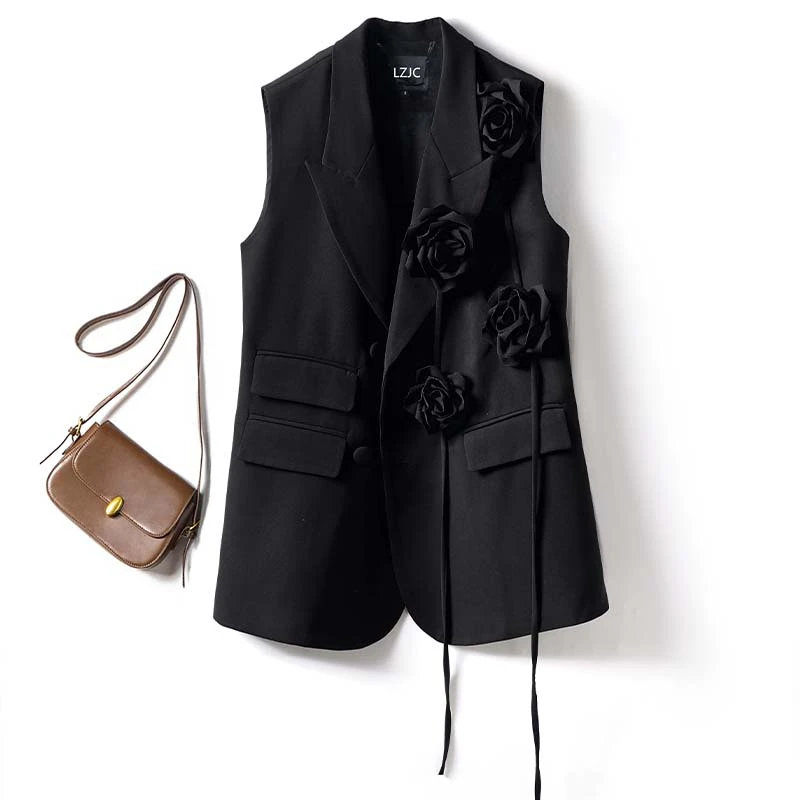 气质名媛洋气西装马甲女早春新款纯色浮雕花朵慵懒风高端西服坎肩