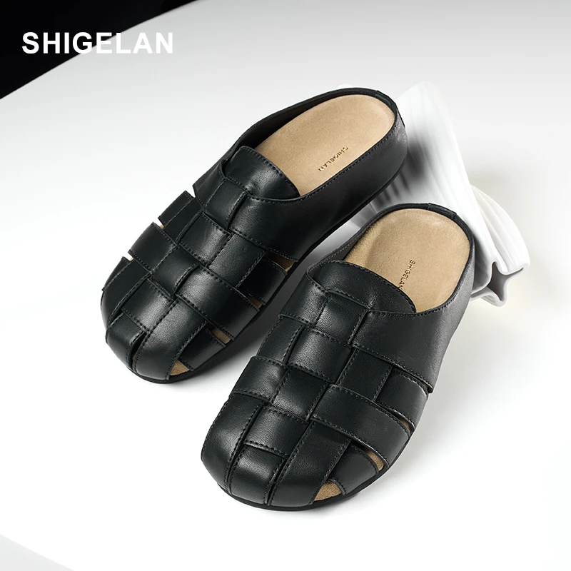 诗歌兰真皮编织一脚蹬舒适百搭黑色时尚洋气夏款包头拖女5210-5