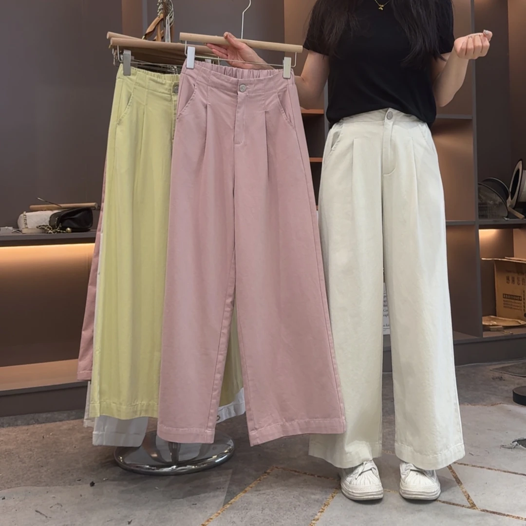 春装半松紧高腰糖果色百搭遮肉显瘦水洗棉阔腿裤减龄休闲直筒裤女