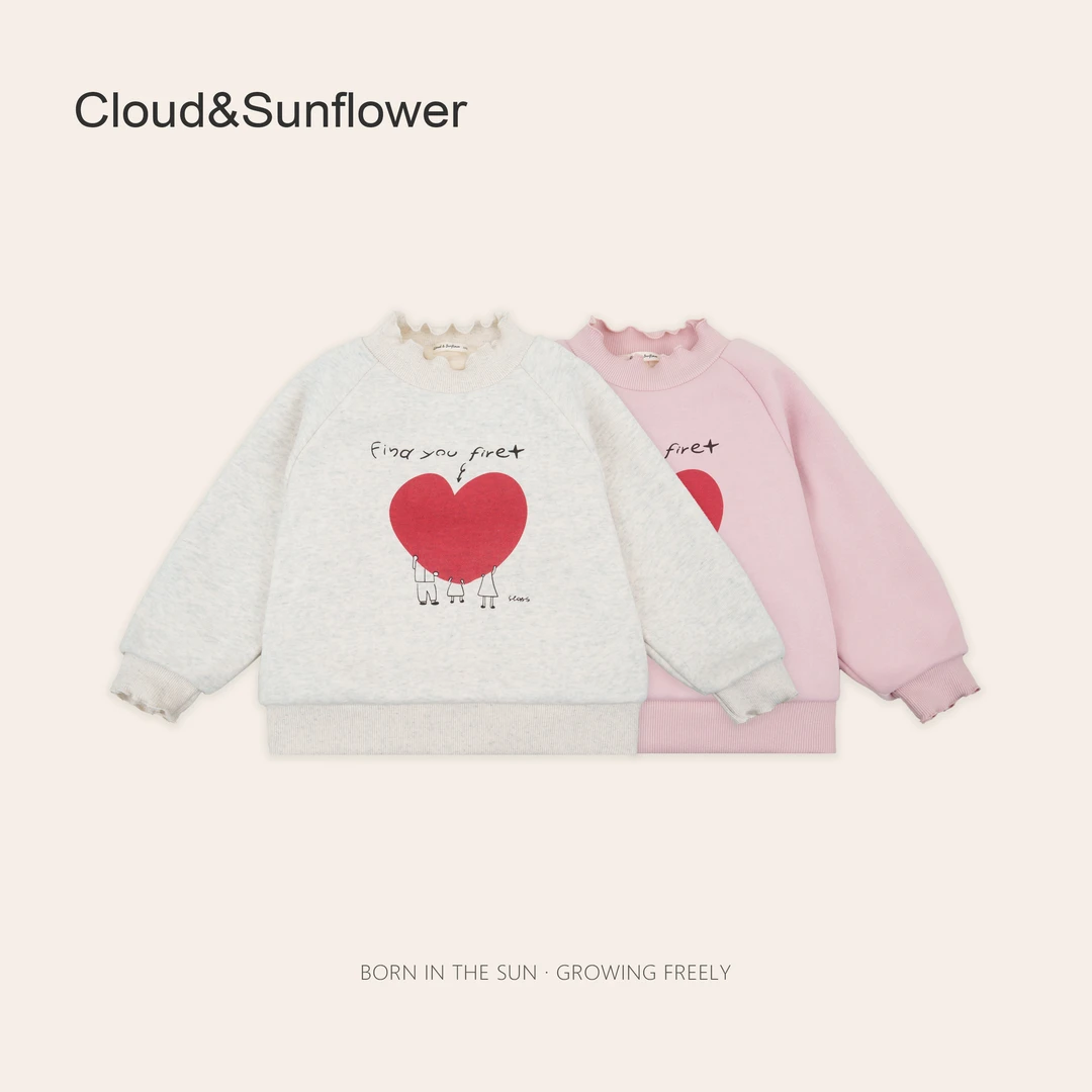 女童可爱英文字母爱心印花捏褶圆领冬季百搭卫衣246595