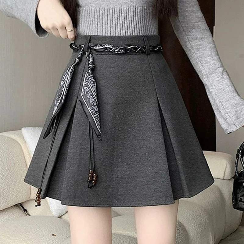 灰色毛呢百褶半身裙女2025秋冬新款学院风高腰显瘦a字带腰带短裙