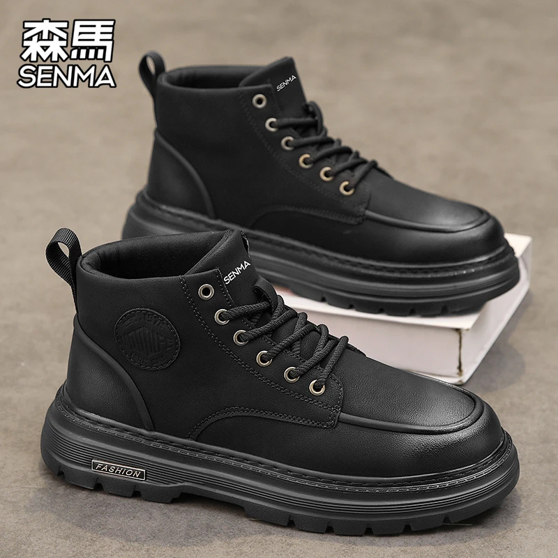 森马男鞋秋季百搭运动工装高帮马丁靴男士英伦风厚底增高休闲皮鞋