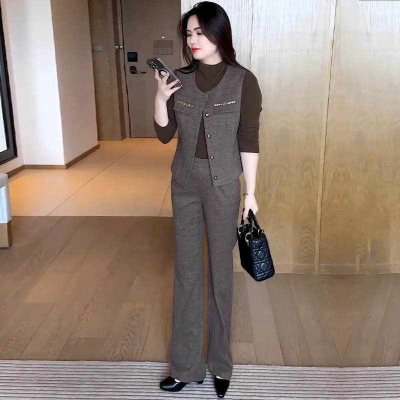 时尚高级感套装女2025秋季新款洋气马甲显瘦半高领打底衫三件套潮