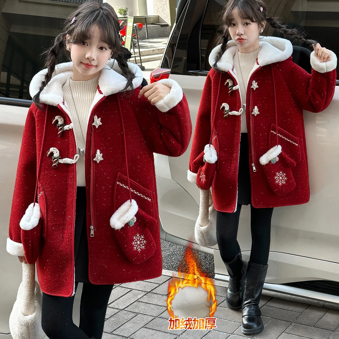 女童红色毛呢大衣2026新款中大童连帽加绒加厚中长款冬季呢子外套