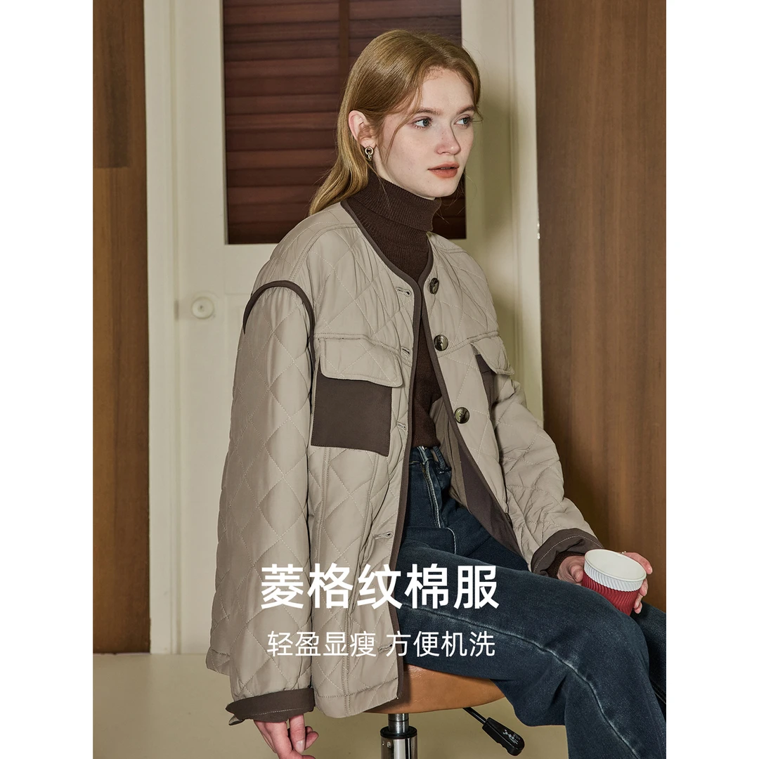 库恩玛维简约慵懒风绗缝棉服女2025年冬季新款菱格纹圆领棉衣外套