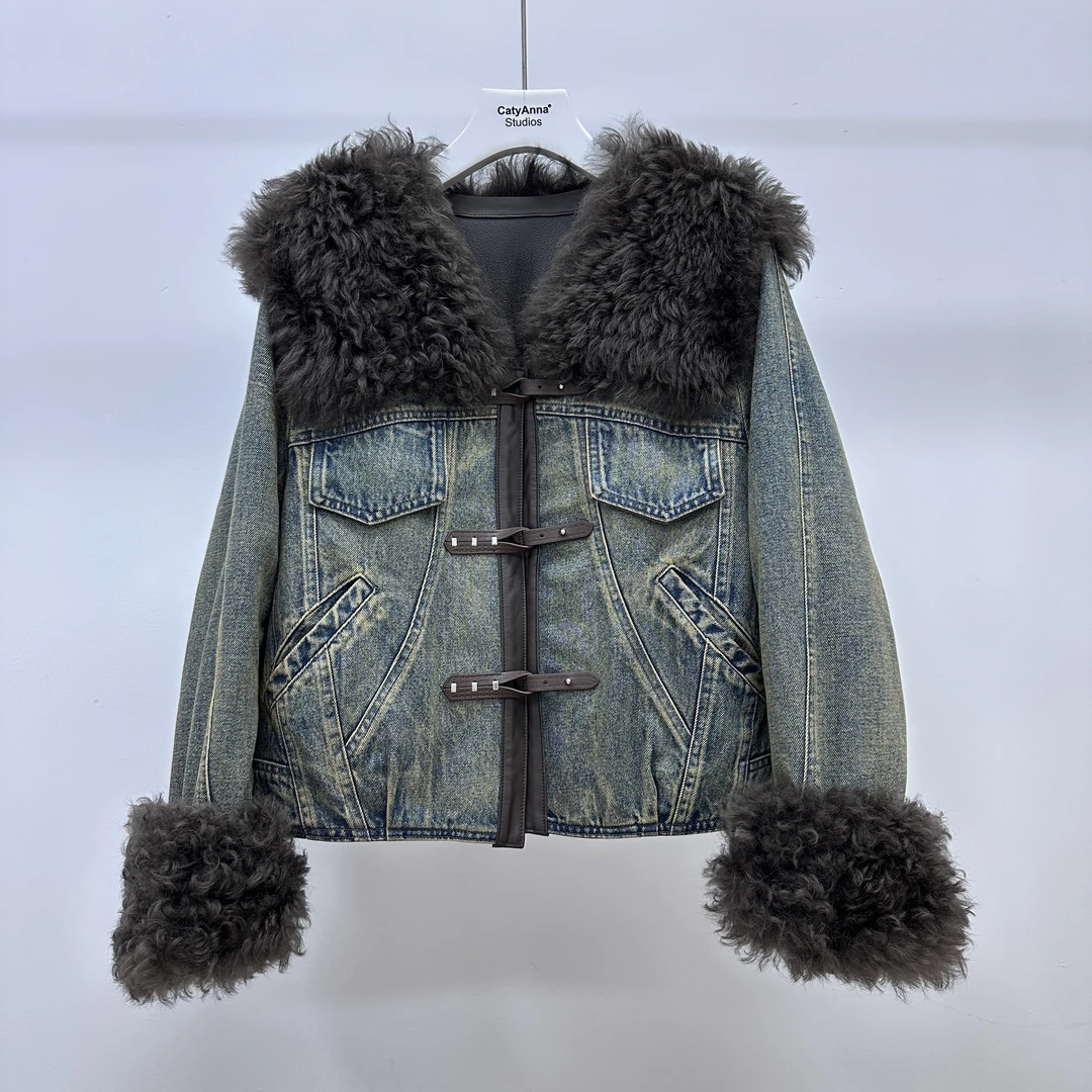 「YueYue」做旧牛仔皮毛一体女款鹅绒服厚款设计师款