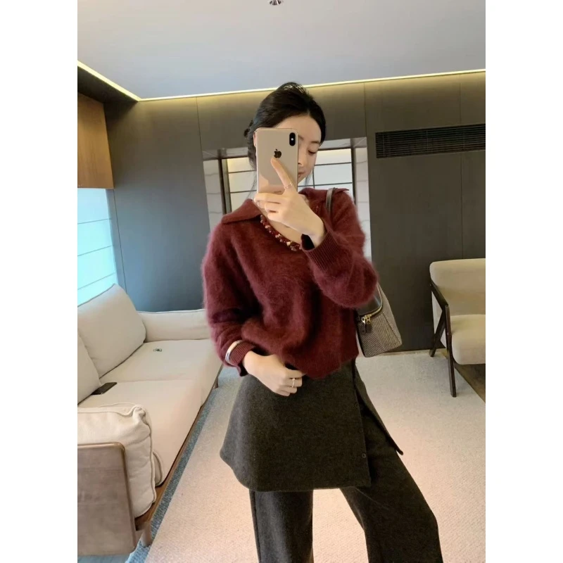 韩系休闲通勤穿搭气质法式复古红色V领套头长袖毛衣假两件阔腿裤