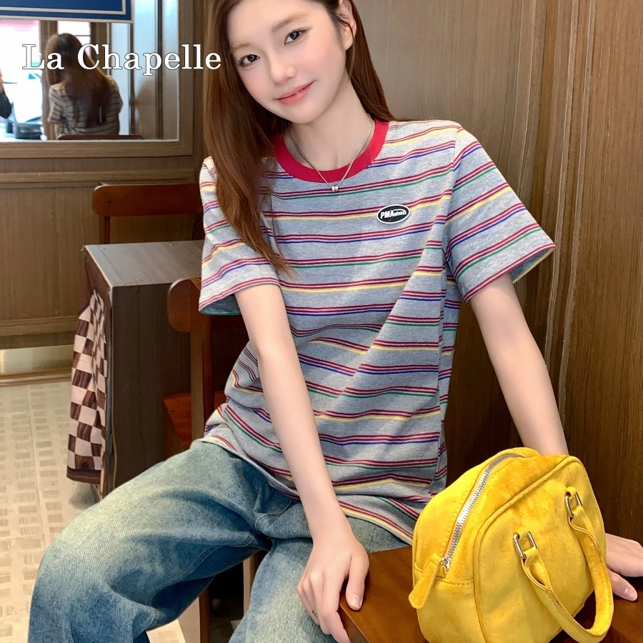 SM潮流撞色条纹短袖圆领t恤女秋季新款洋气百搭宽松显瘦T恤上衣