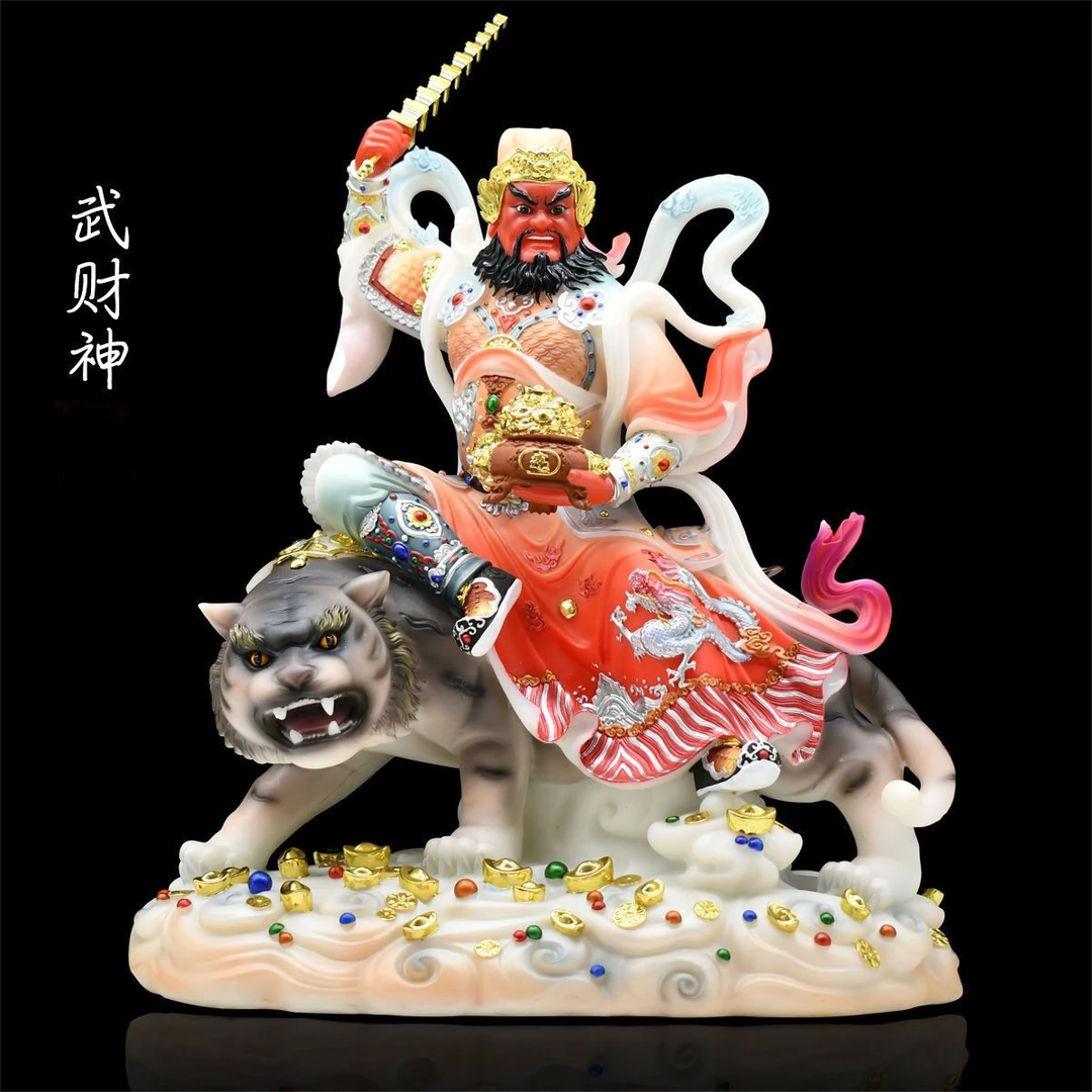 汉白玉彩绘骑虎赵公明武财神神像五路财神赵元帅办公室招财摆件像