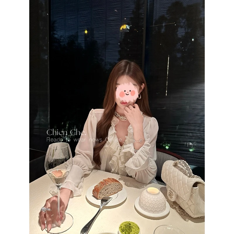 法式宫廷风雪纺衬衫早秋高级感气质长袖荷叶边上衣女