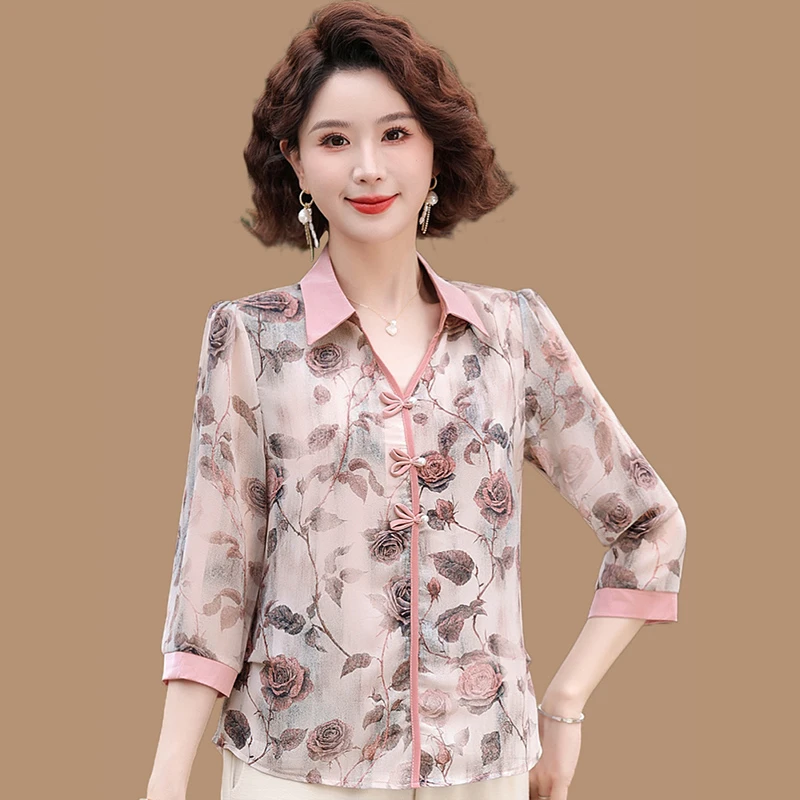 中年妈妈七分袖上衣夏季薄款T恤雪纺小衫中老年女装夏装洋气套装