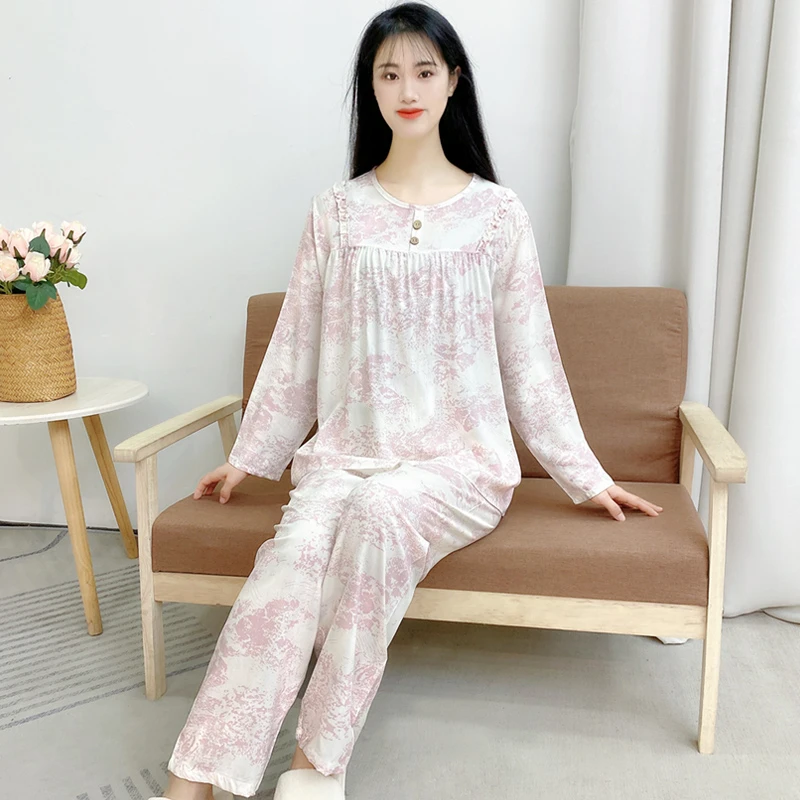 春秋款女士睡衣长袖长裤圆领家居服套装可外穿大码胖mm睡衣Y155