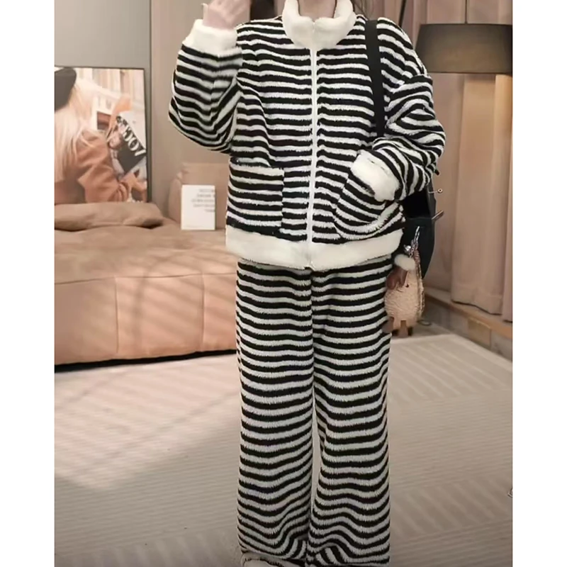 加厚立领条纹睡衣休闲家居服套装冬季女显瘦秋冬时尚撞色宽松网红