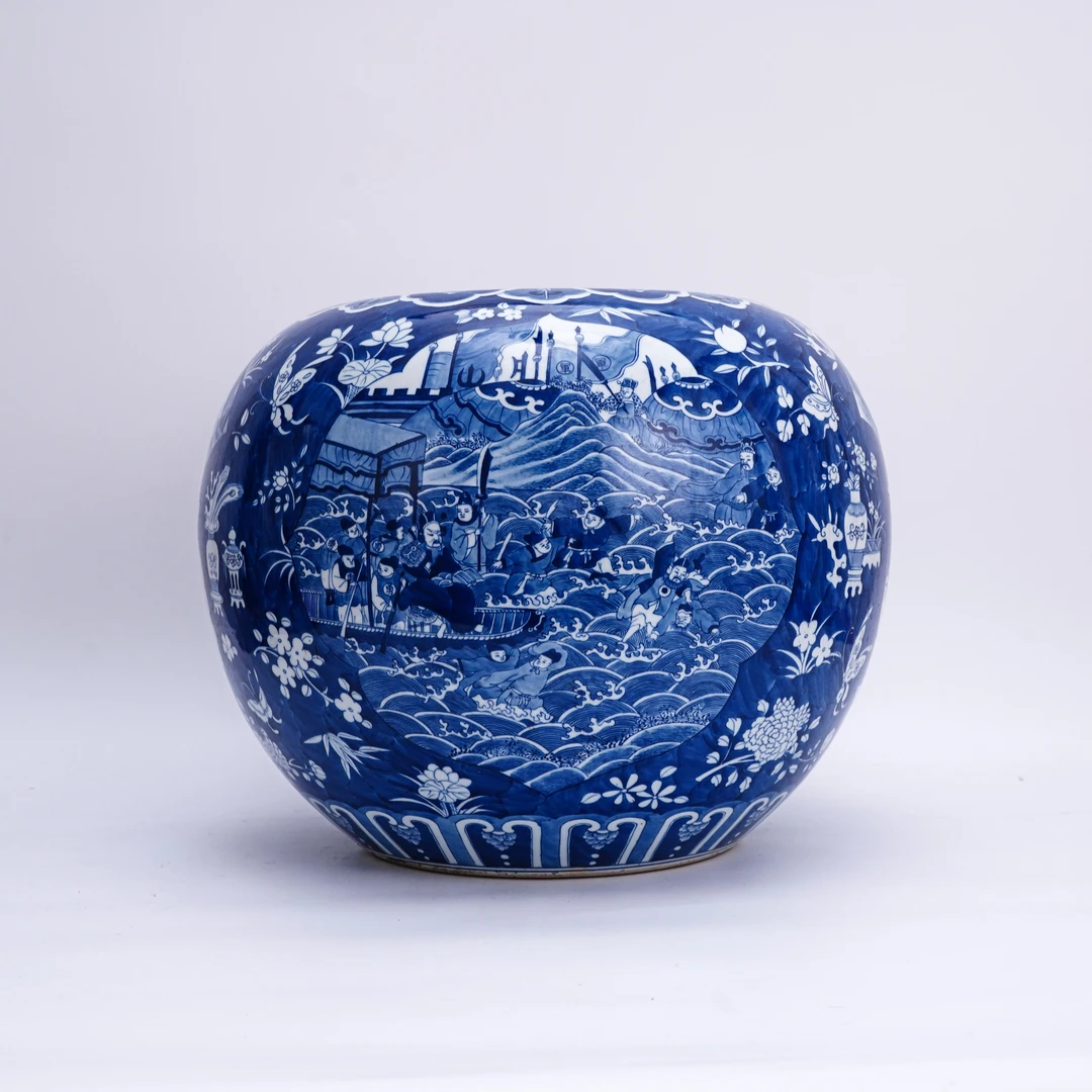 (AC7)C250515098青花留白博古花卉纹缸