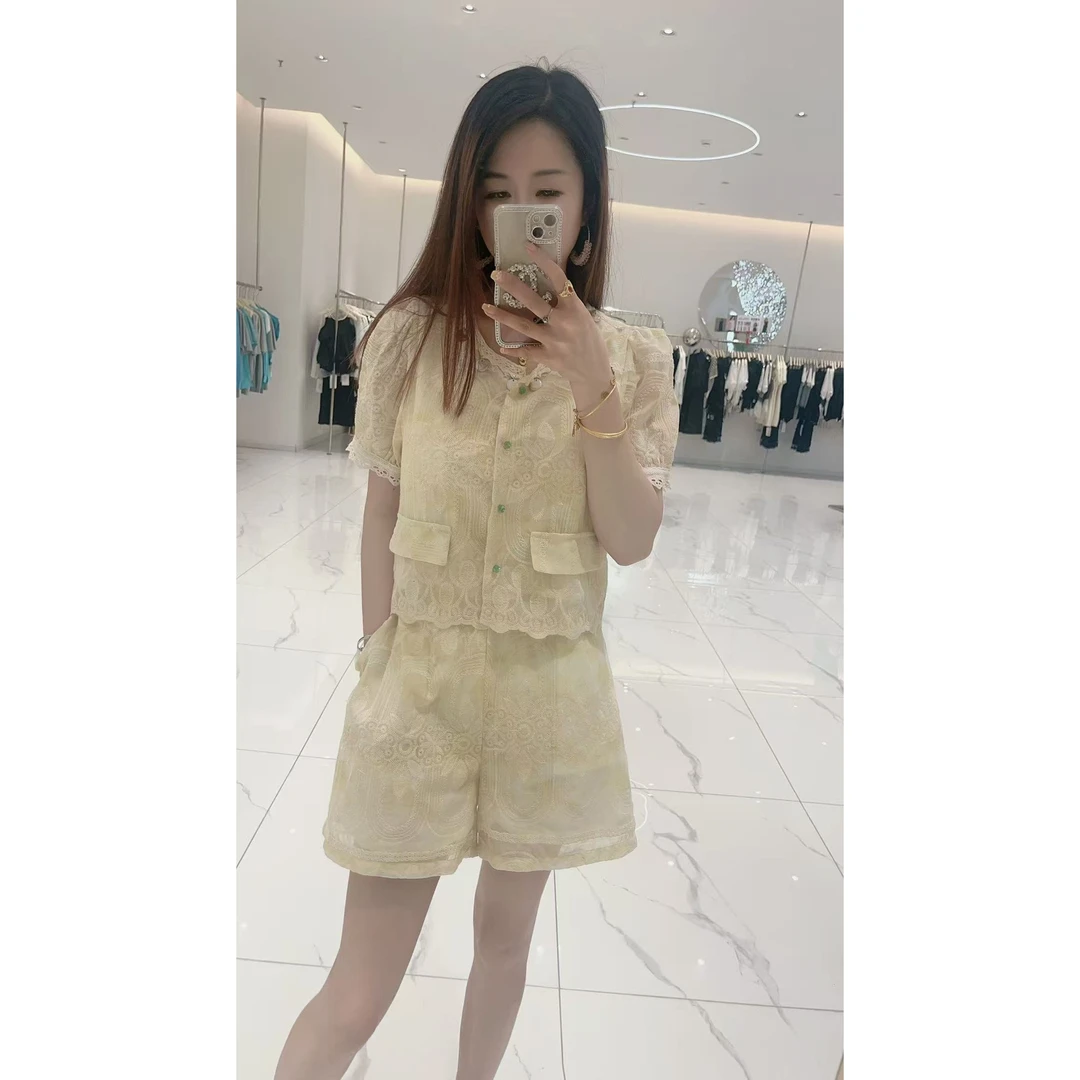 2025夏季新款短袖扎染蕾丝刺绣套装气质甜美短裤两件套HJ-1791
