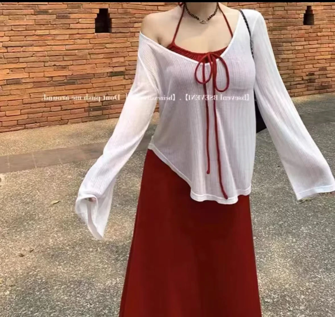 朝飞暮卷-大码220斤可穿纯欲风挂脖连衣裙套装~1182