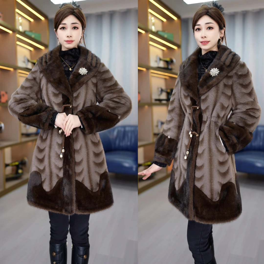 SWD18-1999冬季新款国风盘扣大V领月牙纹毛绒保暖阔版中长款大衣
