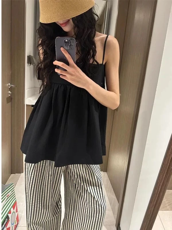 长韩系条纹休闲裤女夏宽松直筒阔腿裤垂坠感慵懒裤#6982