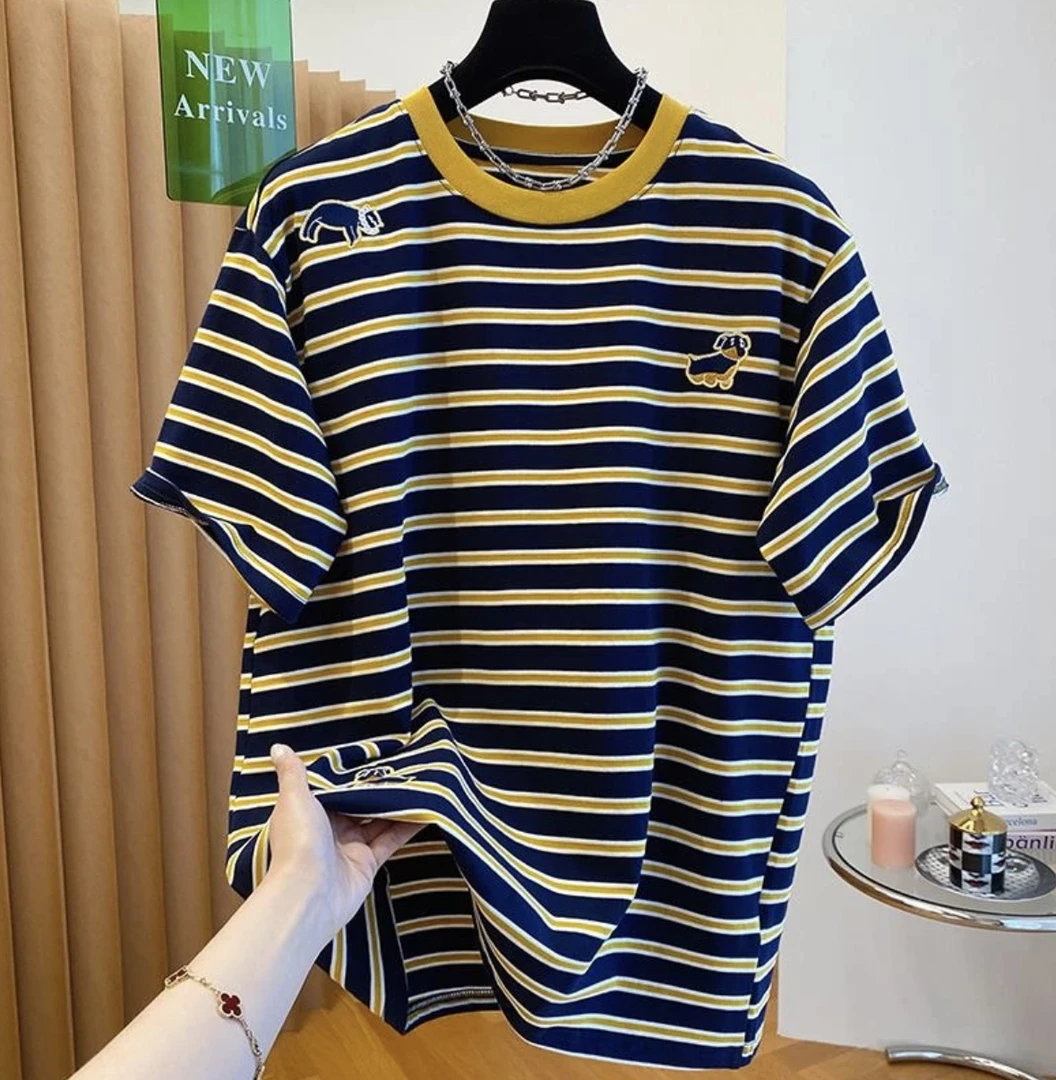 M390韩系时尚潮流气质圆领百搭宽松舒适小众卡通小狗刺绣T恤上衣