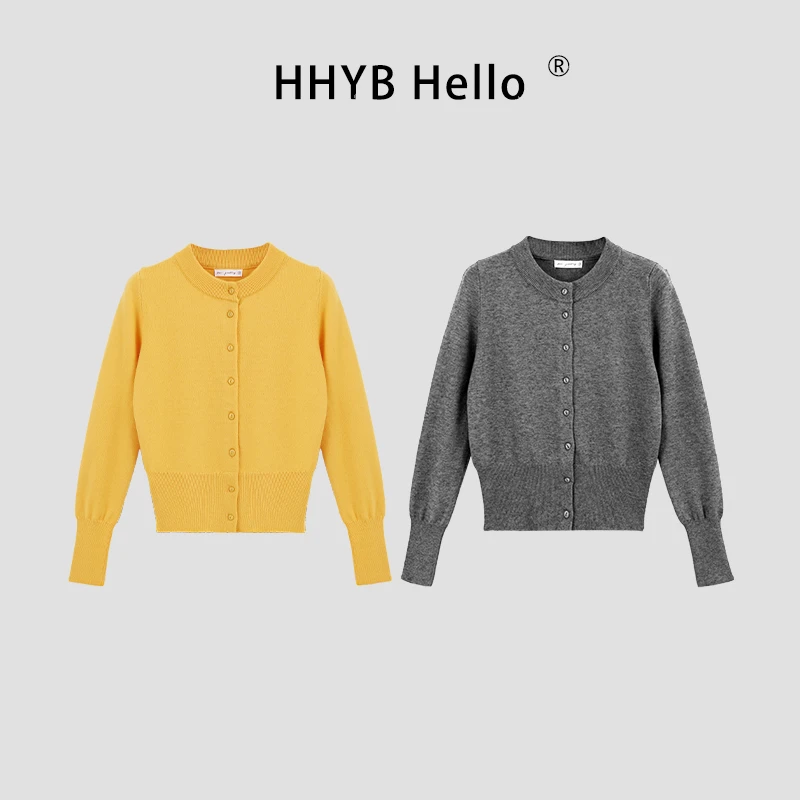 HHYB Hello纯色圆领长袖针织开衫外套休闲百搭显瘦上衣M890