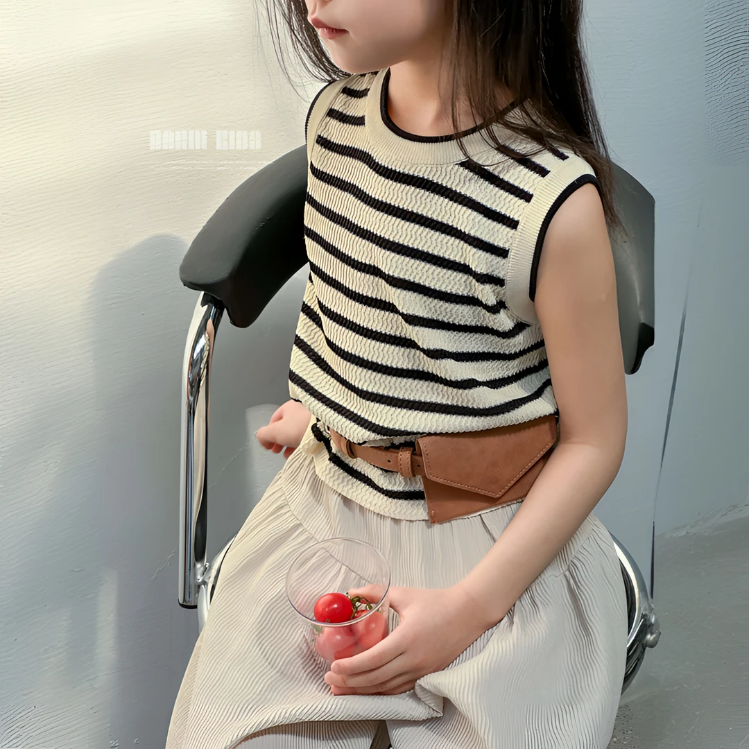 【嗒囜】夏日清凉曲珠纱~透气有弹力 女童夏装百搭条纹针织背心童装