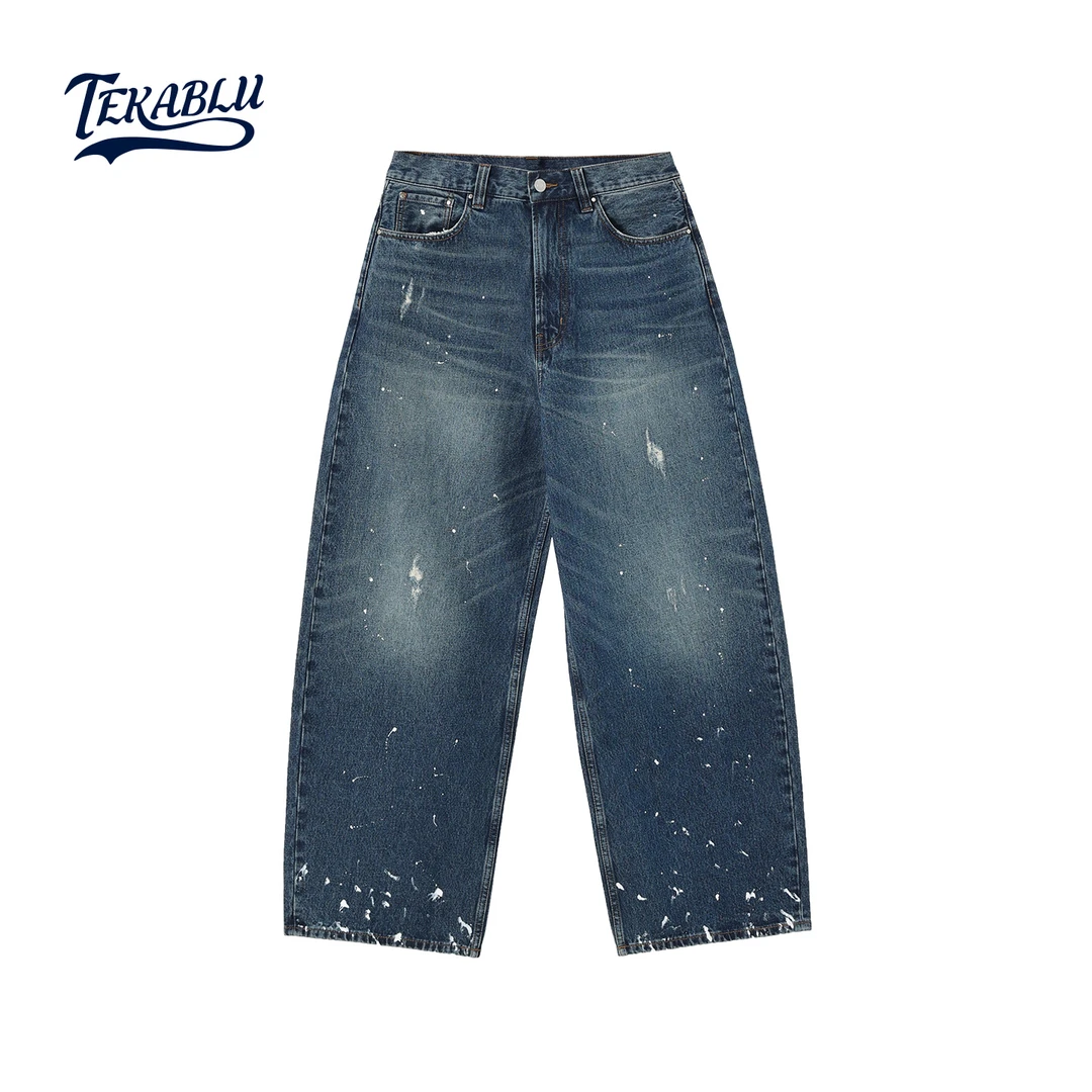 Tekablu塔可蓝 BAGGY宽松水洗做旧裤脚泼漆蓝色牛仔裤TKBLDNM845
