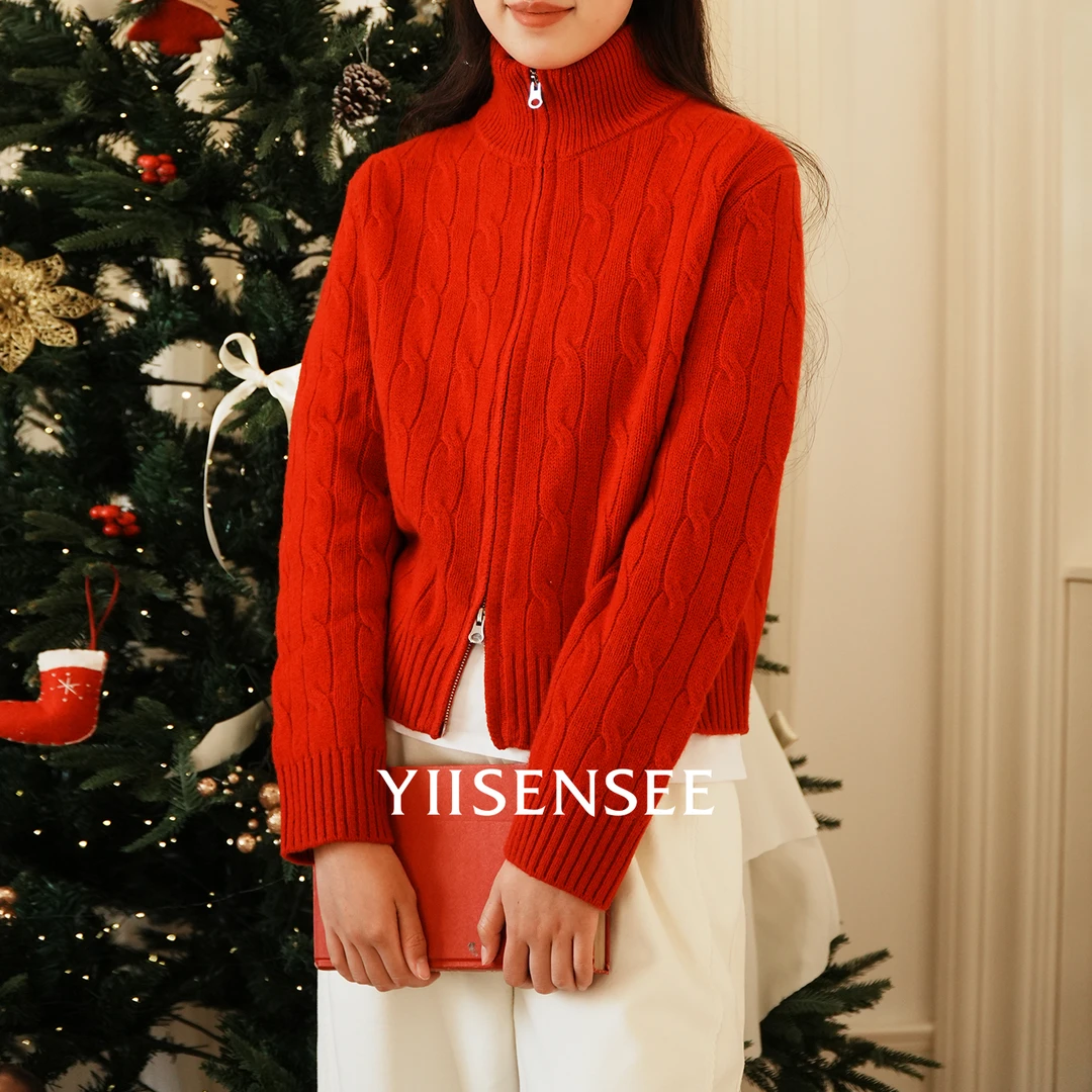 YIISENSEE逸识 100%绵羊毛高级感气质立领拉链开衫麻花毛衣女秋冬