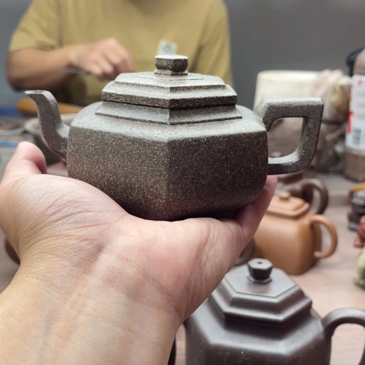 茶壶紫砂六方小雪华，手工泥