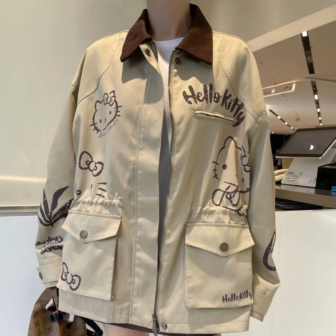 欧洲站欧货南油卡卡家2025秋季新款Kitty翻领Ins阔版印花风衣外套