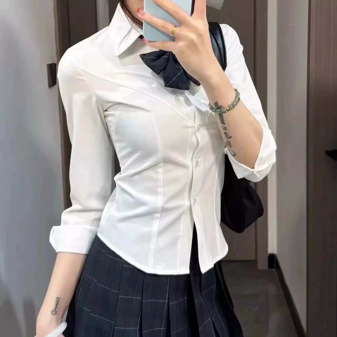 【桔岛：禾央女子】V字JK制服纯欲收腰长袖衬衫学院风白色潮流气质