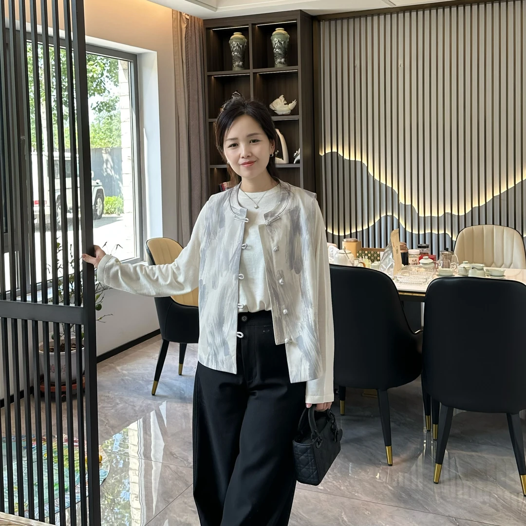 东方·皮韵 真皮新中式水墨印花盘扣国风马甲直襟春秋洋气 5025