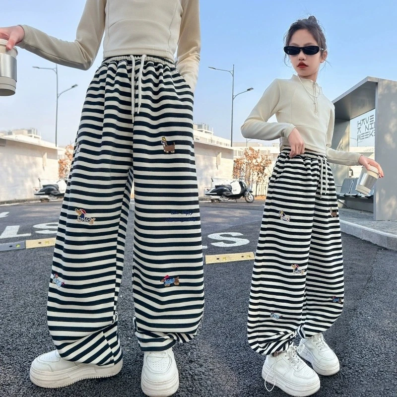 女童裤子春秋款2025新款大童时尚条纹裤小女孩洋气休闲裤运动卫裤