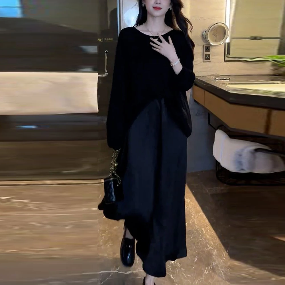 设计感后背纽扣针织衫女装春季时尚套装垂感休闲a字半身裙两件套