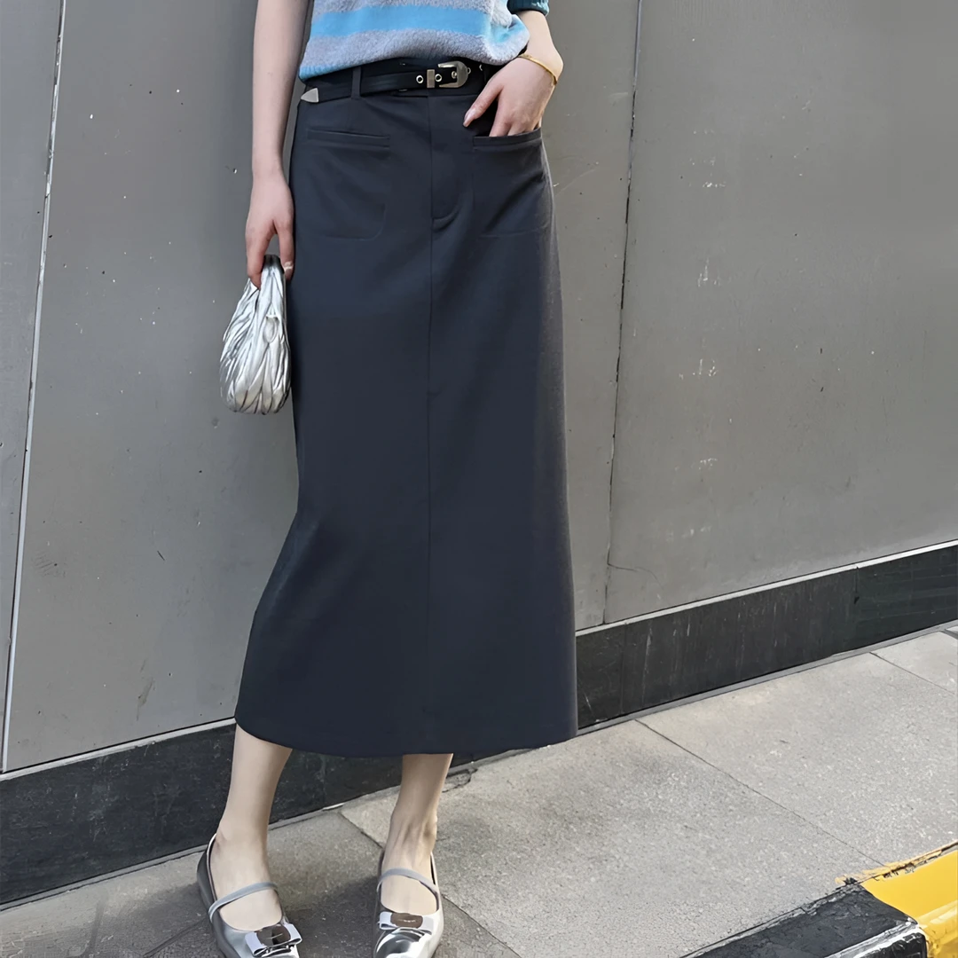 商场同款2025春夏新款显瘦高腰开叉双口袋薄款包臀半身裙1200369