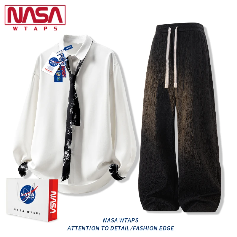 NASA WTAPS高级质感长袖衬衫套装男宽松慵懒风垂感衬衣长裤两件套