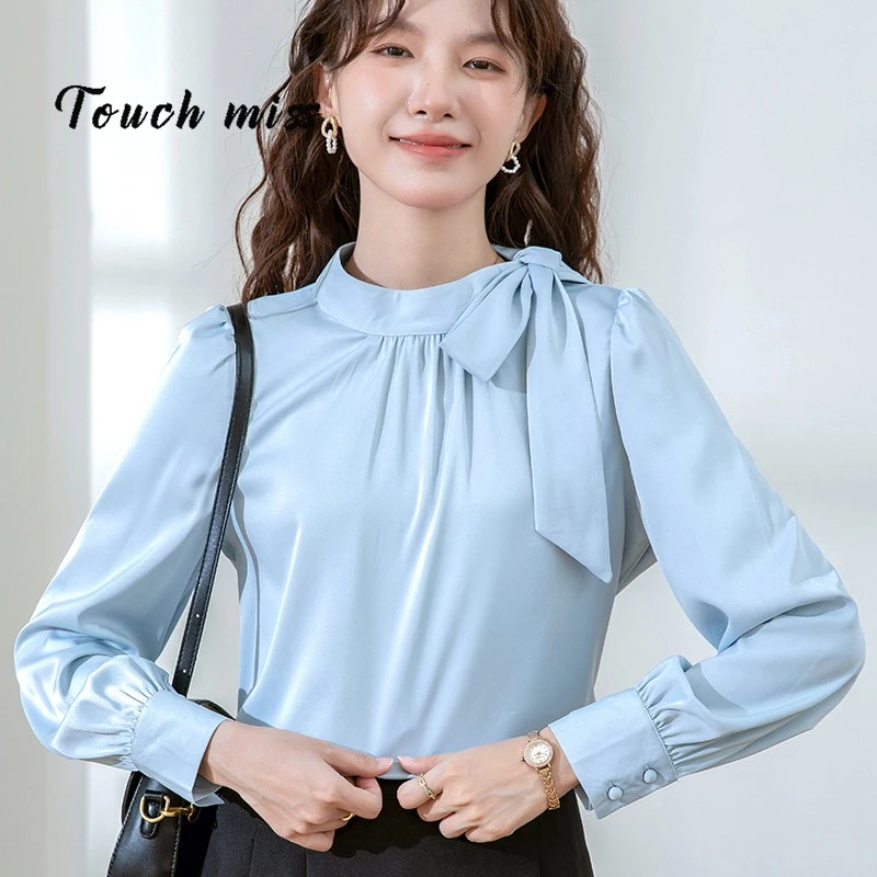 TOUCH MISS法式蝴蝶结飘带蓝色衬衫女2025春秋新款缎面通勤职业面