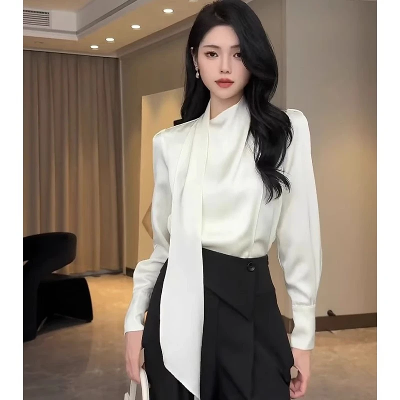 法式飘带缎面衬衫女2025新款春秋长袖垂感轻奢高级感减龄洋气上衣