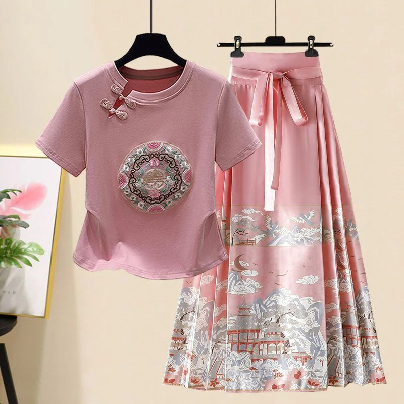 中式正肩t恤女2025新款短袖别致小众汉服改良国风马面裙子两件套
