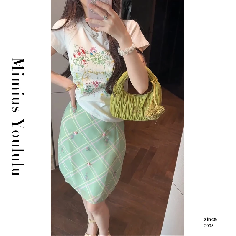 【mimius】七七 多巴胺彩色花朵印花短袖T恤+绿格半裙 G05025