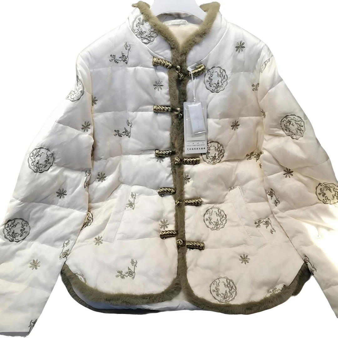 立领纯色长袖短款厚款刺绣花色中式冬季羽绒服唐装