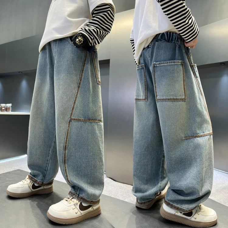 男童牛仔裤春秋款中大童字母百搭宽松个性儿童休闲长裤子洋气帅气