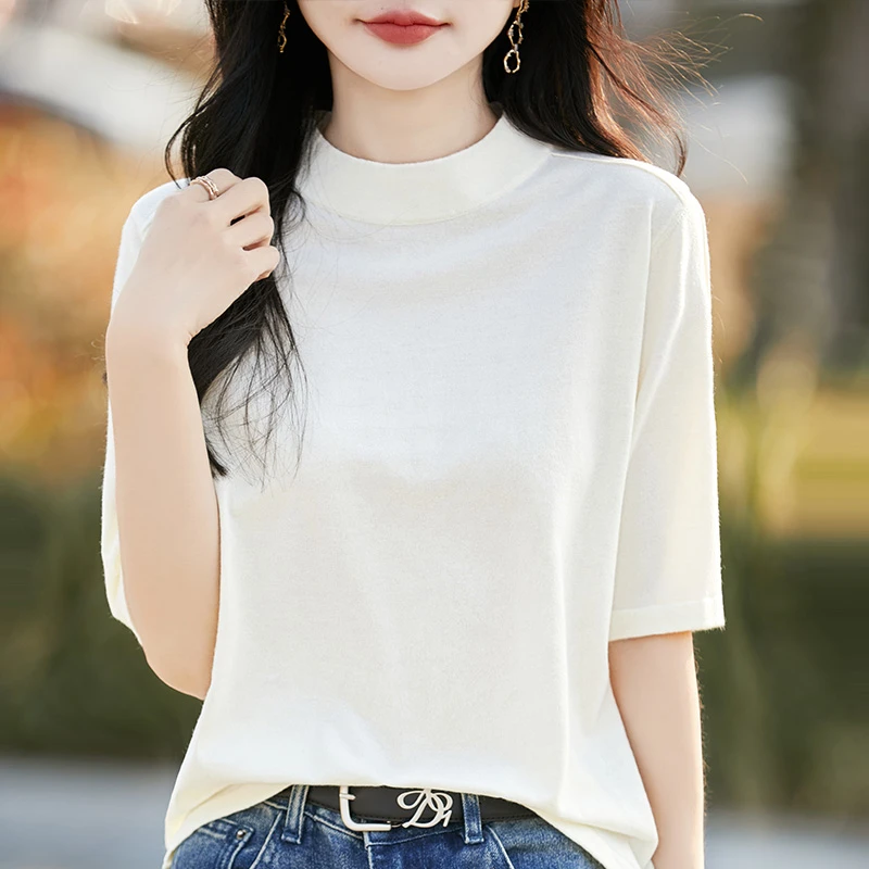 半高领精纺羊毛衫女春夏季薄款五分袖毛衣宽松显瘦外穿针织衫上衣