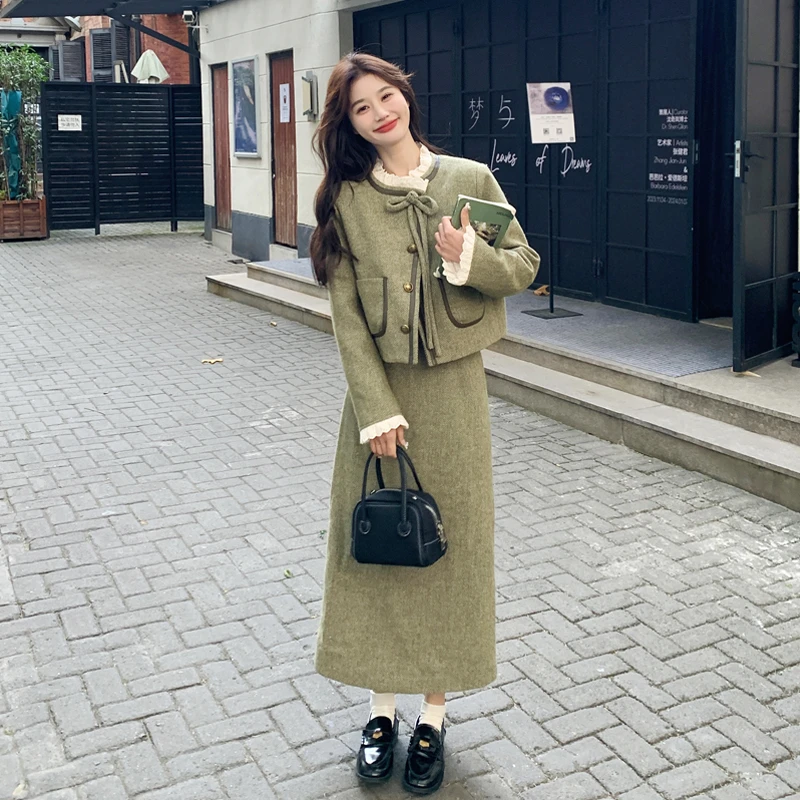法式复古小香风套装裙女秋冬2025新款羊毛呢子短外套半身裙两件套