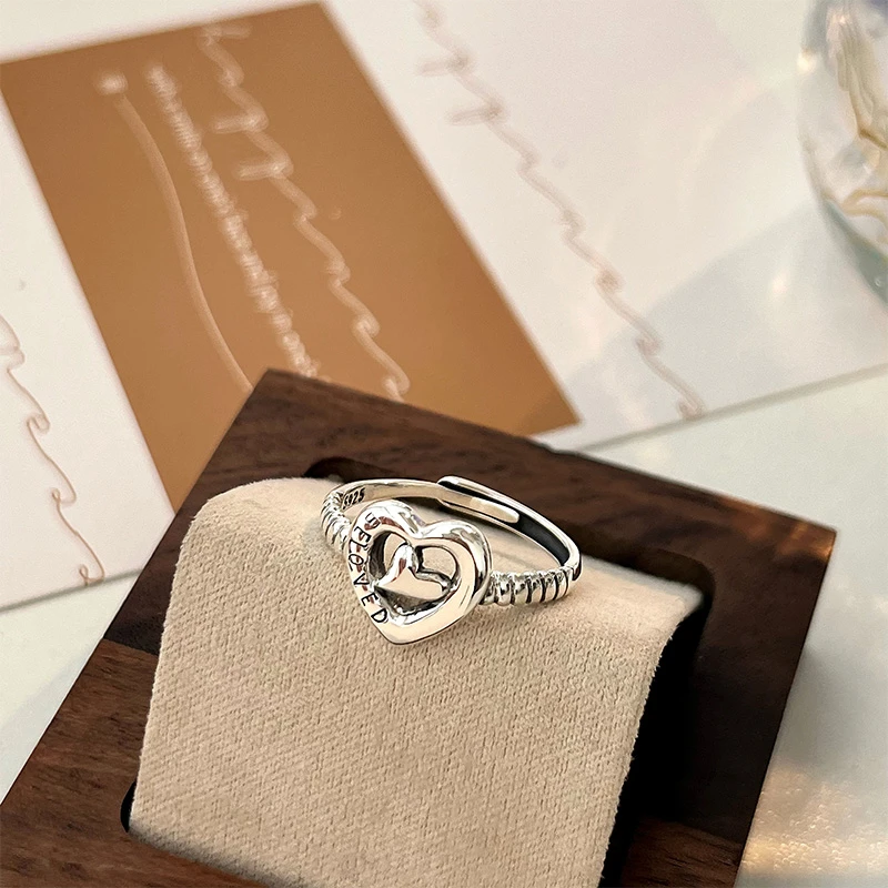 925银戒指 8016纯手工欧美中空爱心戒指轻奢小众简约经典甜美百搭