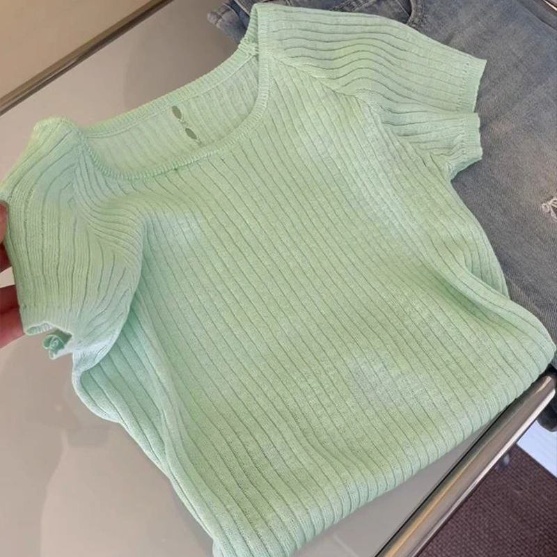 薄荷绿色针织正肩冰丝短袖T恤女2025新款爆款夏季多巴胺chic上衣