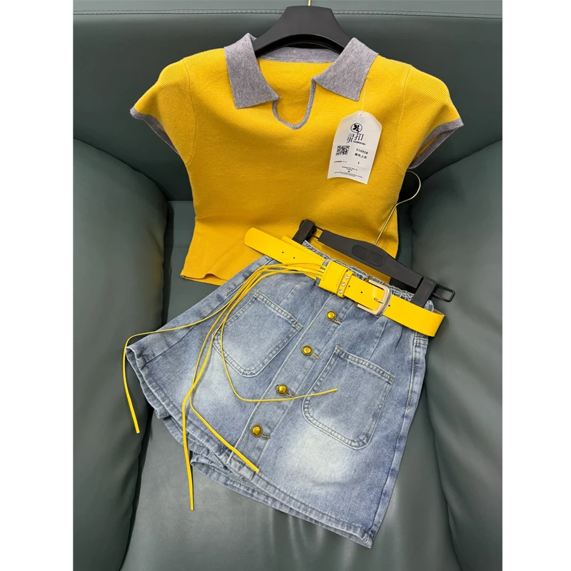 夏季穿搭一整套女2025新款时尚POLO领针织短袖显瘦牛仔裙裤两件套