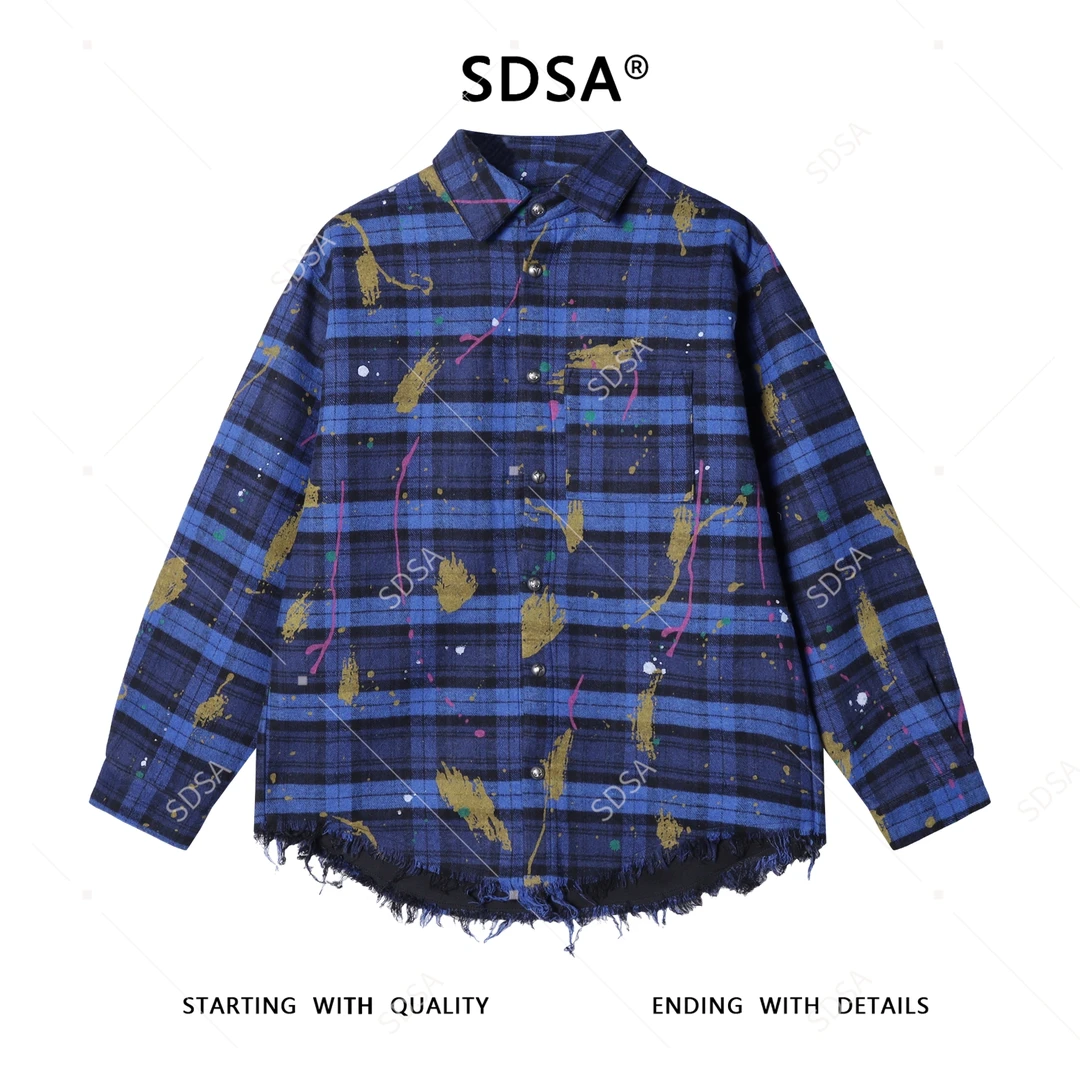 SDSA秋冬新款痞帅男装美式泼墨流苏设计纽扣翻领长袖衬衫百搭宽松