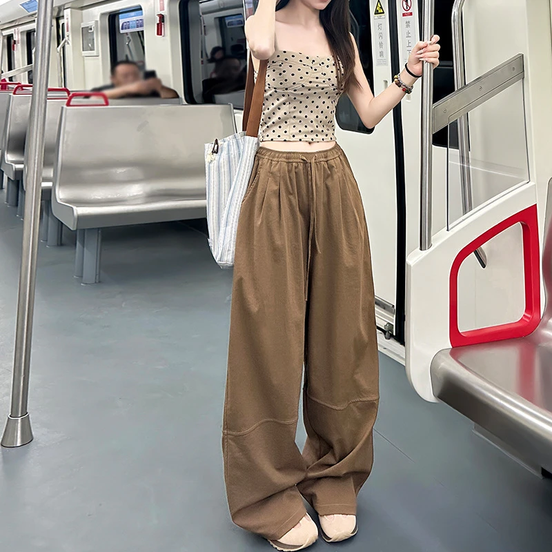 速干运动裤女春夏新品高腰宽松休闲裤垂感红色直筒美式阔腿裤