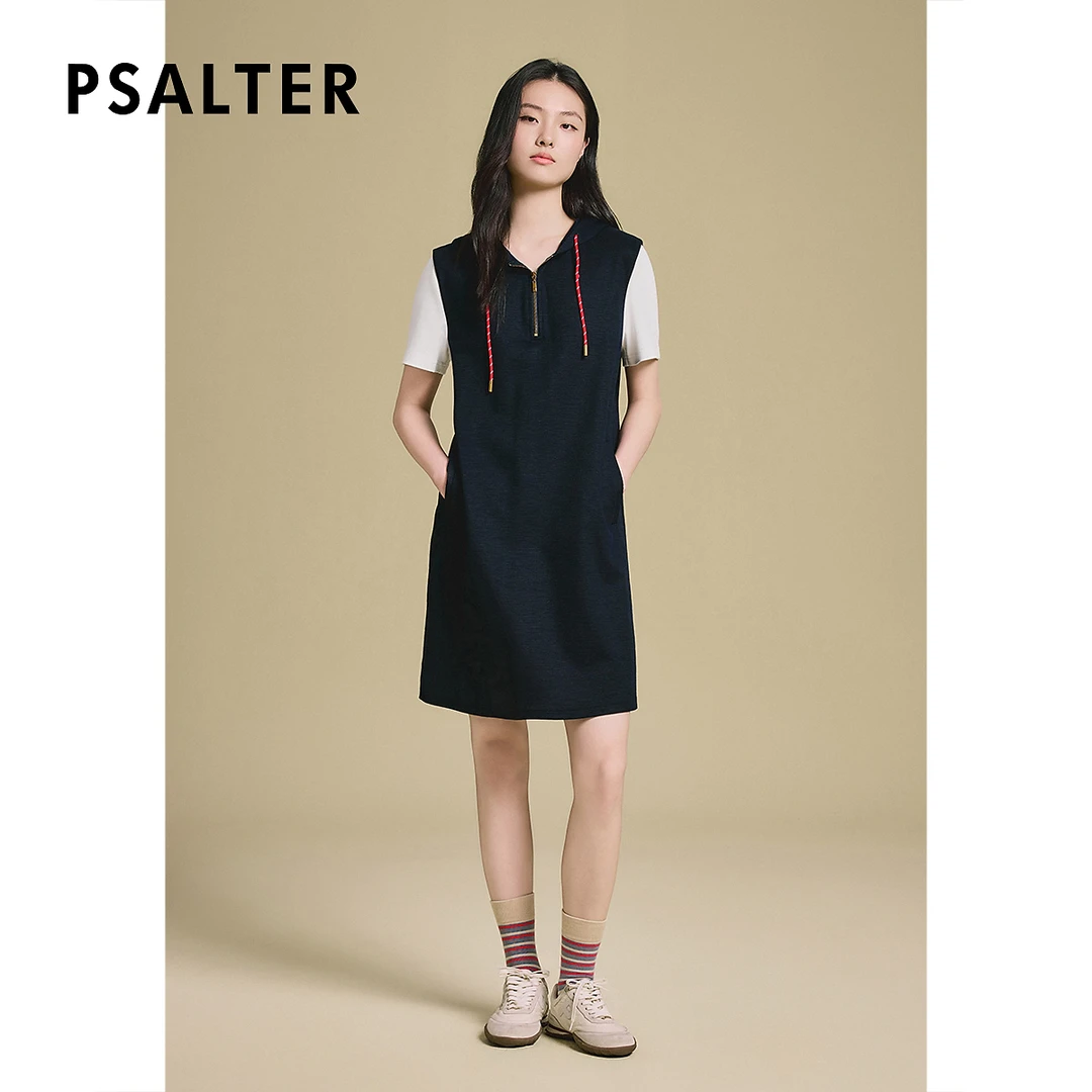 诗篇专选撞色假两件宽松H型连帽设计减龄休闲连衣裙2025春季新款